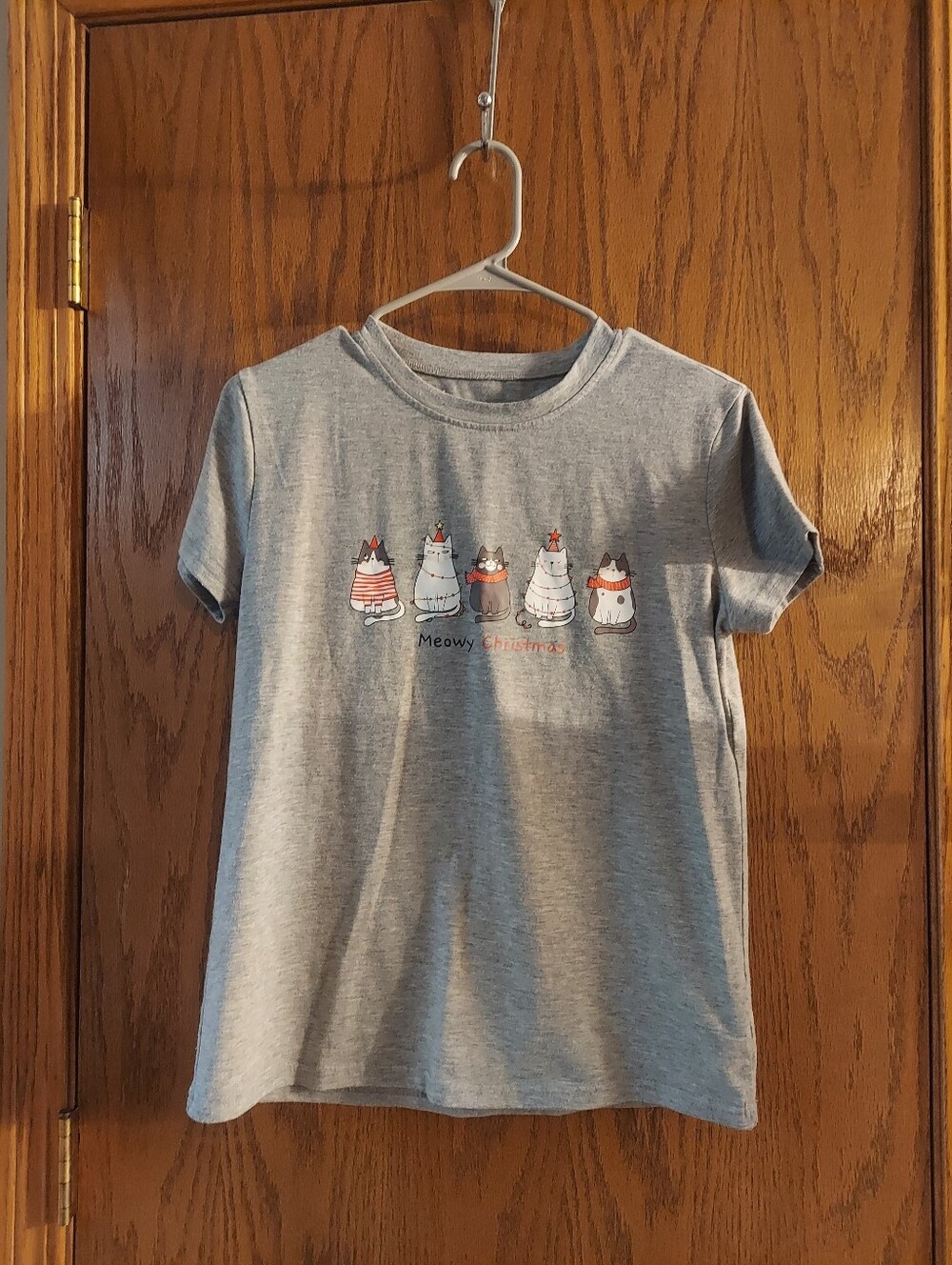 Meowy Christmas Cats Heather Grey Graphic T-Shirt Size Small Holiday